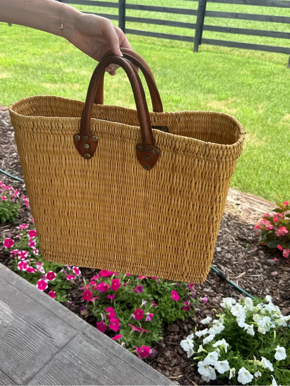 Vintage French Woven Straw Tote Bag with Brown Leather Handles 1970s